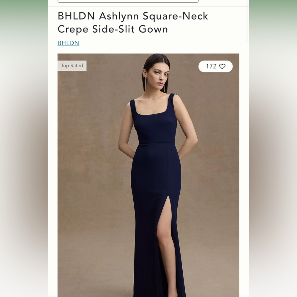 BHLDN Navy Midnight Ashlynn Square-Neck Crepe Side Slit Gown - Size 4